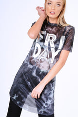 Black Tie Dye Sheer Mesh 'Friday' Slogan T-Shirt Dress - Flynn-Dresses