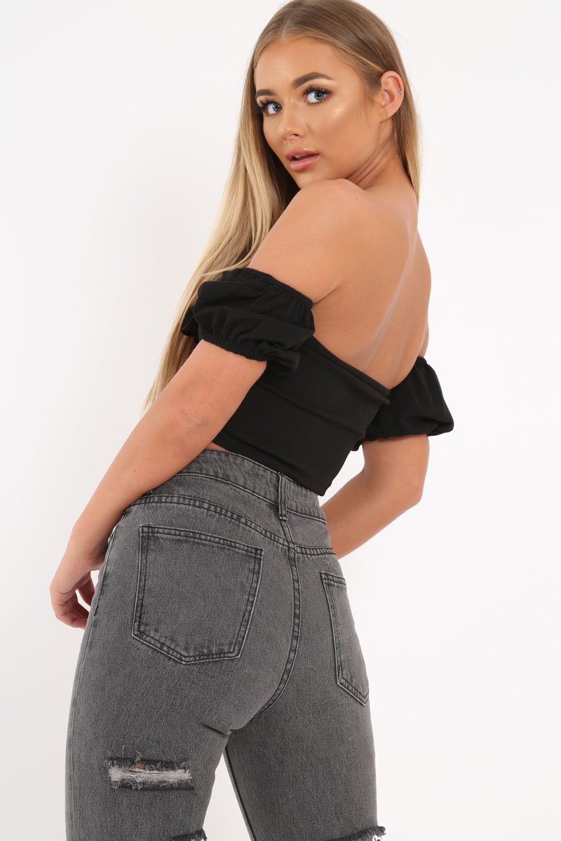 Black Tie Front Bardot Crop Top - Amaya-Tops