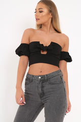 Black Tie Front Bardot Crop Top - Amaya-Tops