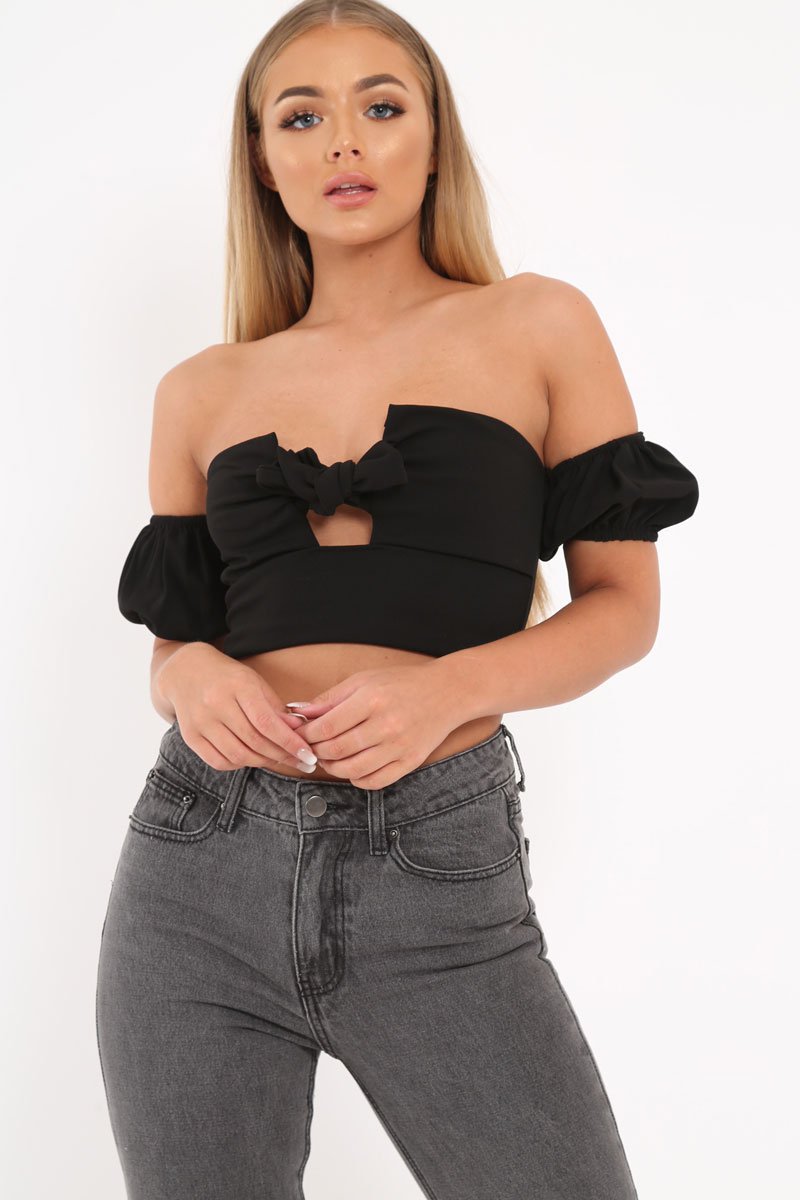 Black Tie Front Bardot Crop Top - Amaya-Tops