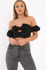 Black Tie Front Bardot Crop Top - Amaya-Tops