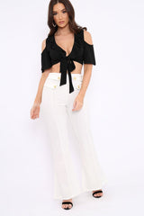 Black Tie Front Cold Shoulder Crepe Crop Top - Dalia-Crop Tops