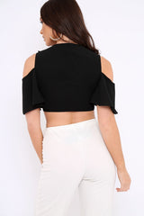 Black Tie Front Cold Shoulder Crepe Crop Top - Dalia-Crop Tops