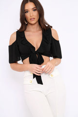 Black Tie Front Cold Shoulder Crepe Crop Top - Dalia-Crop Tops