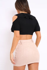 Black Tie Front Cold Shoulder Crop Top - Ellinor-Crop Tops