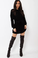 Black Tie Front Knitted Jumper Dress - Harley-Dresses