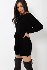 Black Tie Front Knitted Jumper Dress - Harley-Dresses