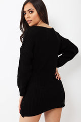 Black Tie Front Knitted Jumper Dress - Harley-Dresses