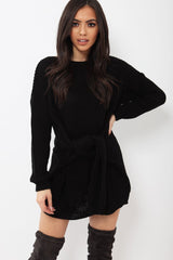 Black Tie Front Knitted Jumper Dress - Harley-Dresses