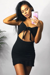 Black Tie Front Ruffle Hem Mini Dress - Darianna-Dresses