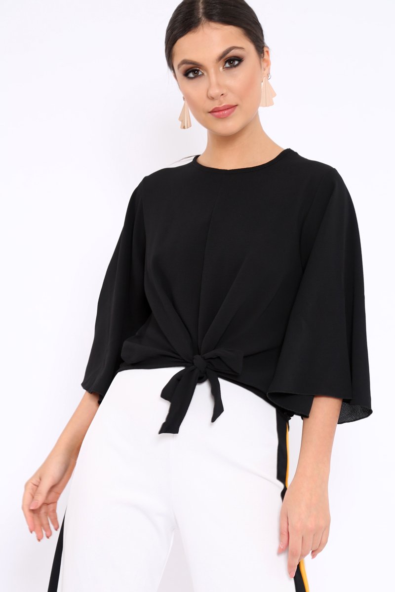 Black Tie Front Top with Flare Sleeves - Wren-Tops