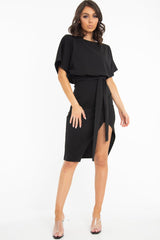 Black Tie Waist Front Split Batwing Dress - Ranessa-Dresses