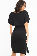 Black Tie Waist Front Split Batwing Dress - Ranessa-Dresses