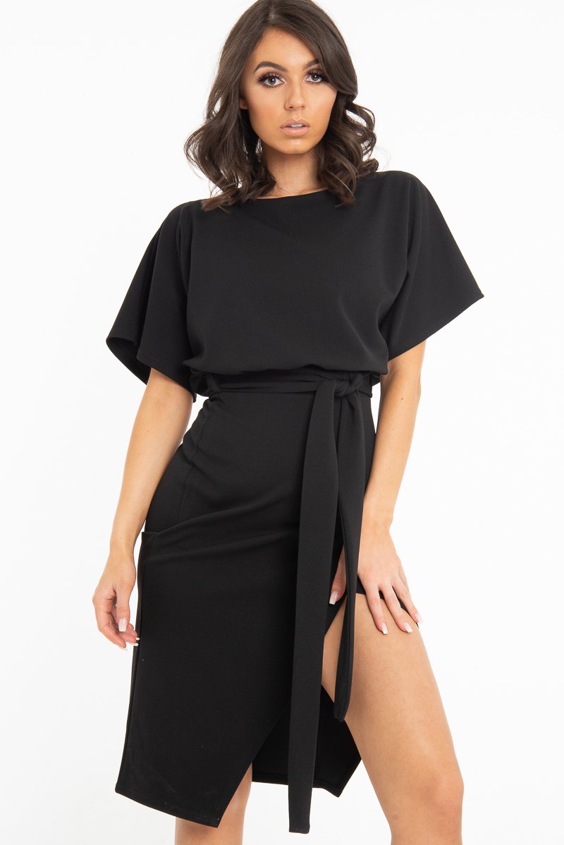 Black Tie Waist Front Split Batwing Dress - Ranessa-Dresses