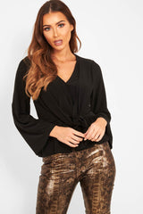 Black Tie Waist Long Sleeve Top - Floria-Tops
