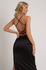Black Tie Wrap Around Satin Crop Top & Skirt Co-Ord - Aalaysia-Co-Ords