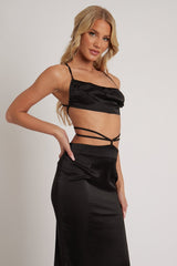 Black Tie Wrap Around Satin Crop Top & Skirt Co-Ord - Aalaysia-Co-Ords
