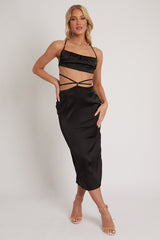 Black Tie Wrap Around Satin Crop Top & Skirt Co-Ord - Aalaysia-Co-Ords