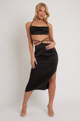 Black Tie Wrap Around Satin Crop Top & Skirt Co-Ord - Aalaysia-Co-Ords