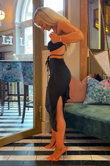 Black Tie Wrap Around Satin Crop Top & Skirt Co-Ord - Aalaysia