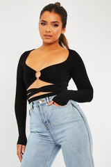 Black Tie Wrap Front Ring Detail Crop Top - Taylor-Crop Tops