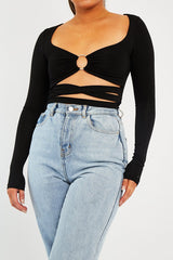 Black Tie Wrap Front Ring Detail Crop Top - Taylor-Crop Tops