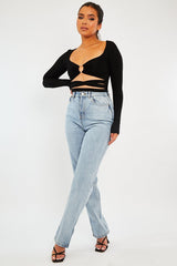 Black Tie Wrap Front Ring Detail Crop Top - Taylor-Crop Tops