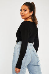 Black Tie Wrap Front Ring Detail Crop Top - Taylor-Crop Tops