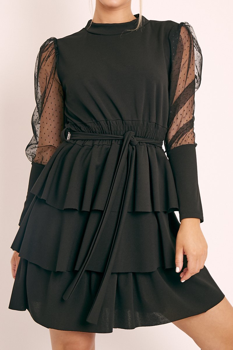 Black Tiered Skirt Belted Dress - Cassia-Dresses
