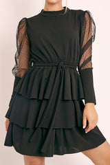 Black Tiered Skirt Belted Dress - Cassia-Dresses