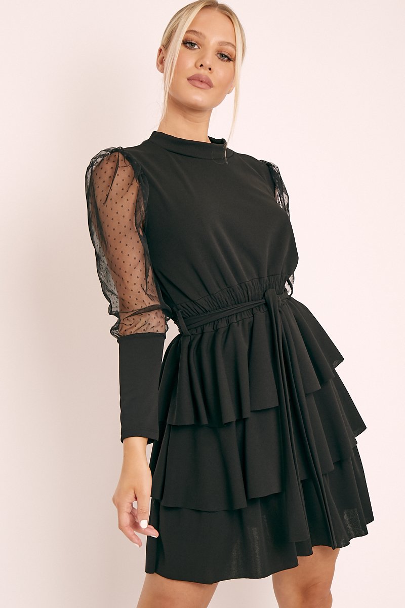 Black Tiered Skirt Belted Dress - Cassia-Dresses