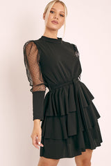Black Tiered Skirt Belted Dress - Cassia-Dresses