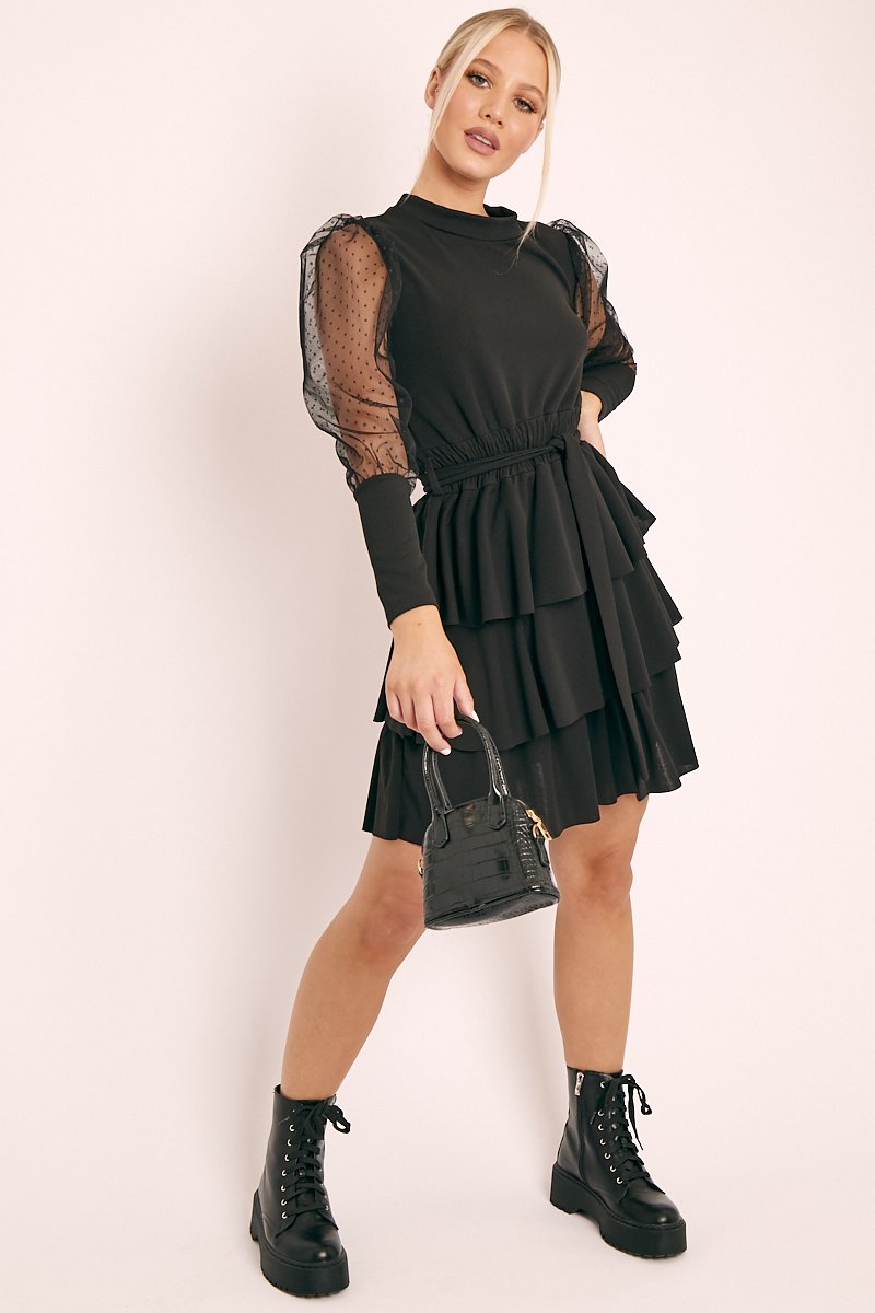 Black Tiered Skirt Belted Dress - Cassia-Dresses