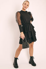 Black Tiered Skirt Belted Dress - Cassia-Dresses