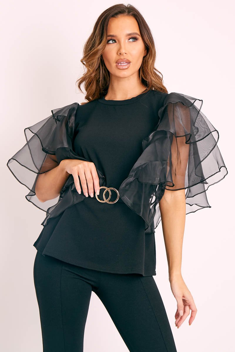 Black Tiered Sleeve Belted Waist Top - Ellise-Tops