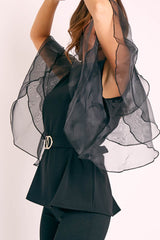 Black Tiered Sleeve Belted Waist Top - Ellise-Tops