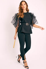 Black Tiered Sleeve Belted Waist Top - Ellise-Tops