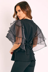 Black Tiered Sleeve Belted Waist Top - Ellise-Tops