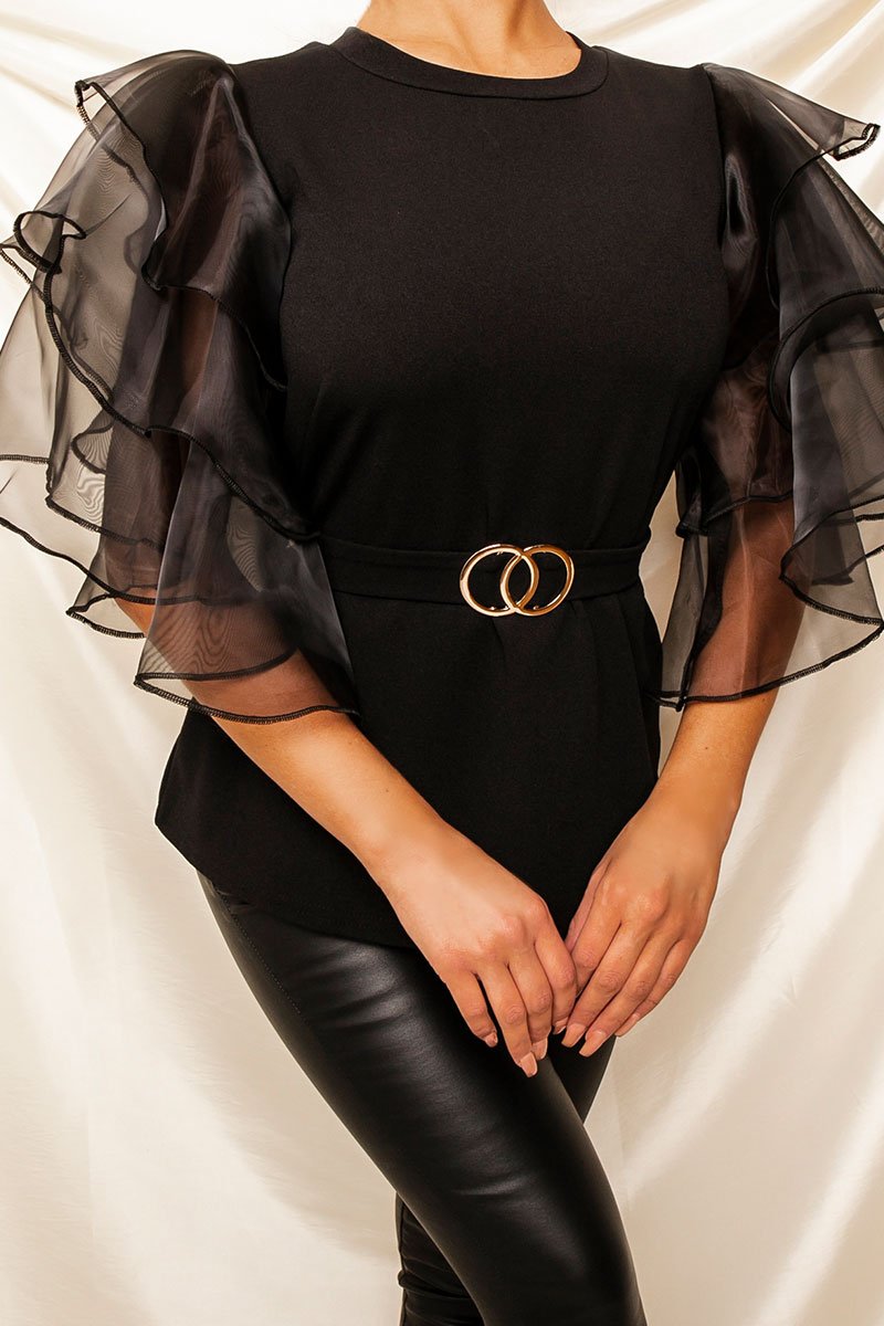 Black Tiered Sleeve Belted Waist Top - Ellise-Tops