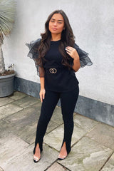 Black Tiered Sleeve Belted Waist Top - Ellise-Tops