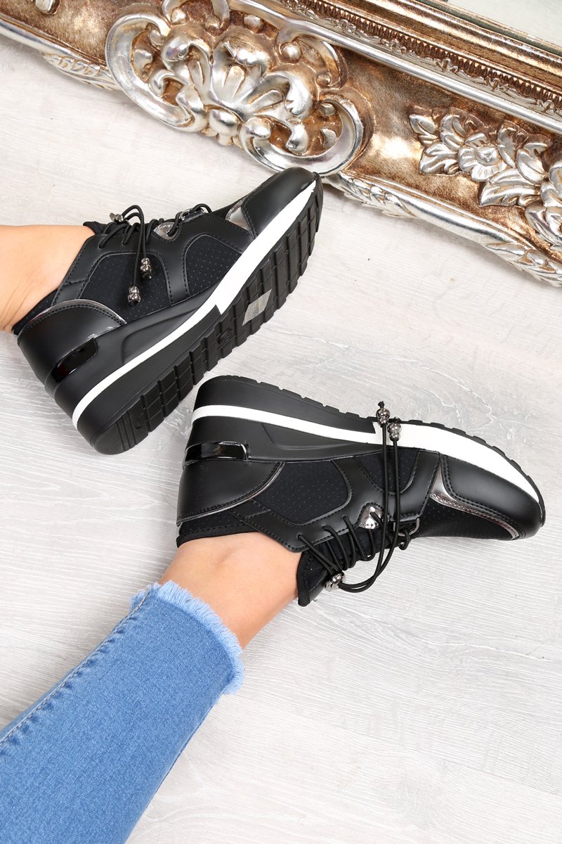 Black Toggle Fasten Wedge Trainers - Kami-Trainers