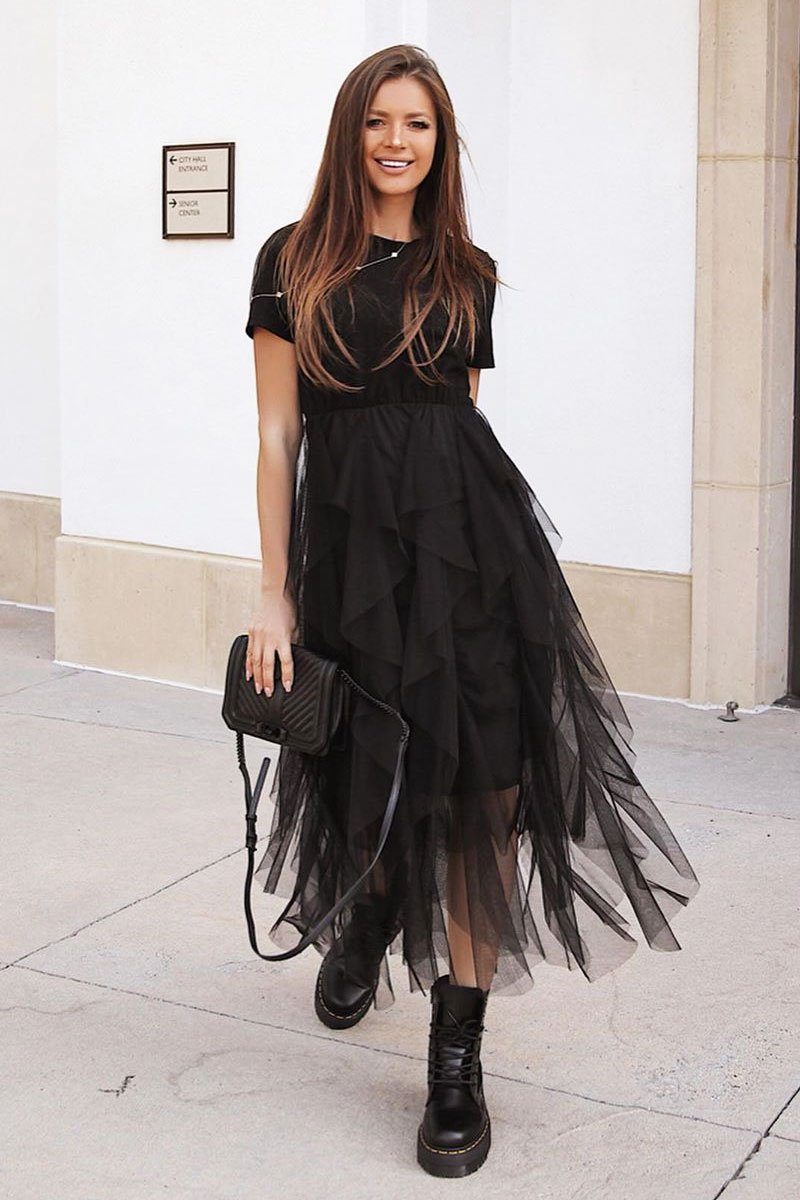 Black Top Black Tulle Skirt Dress - Pola-Tops