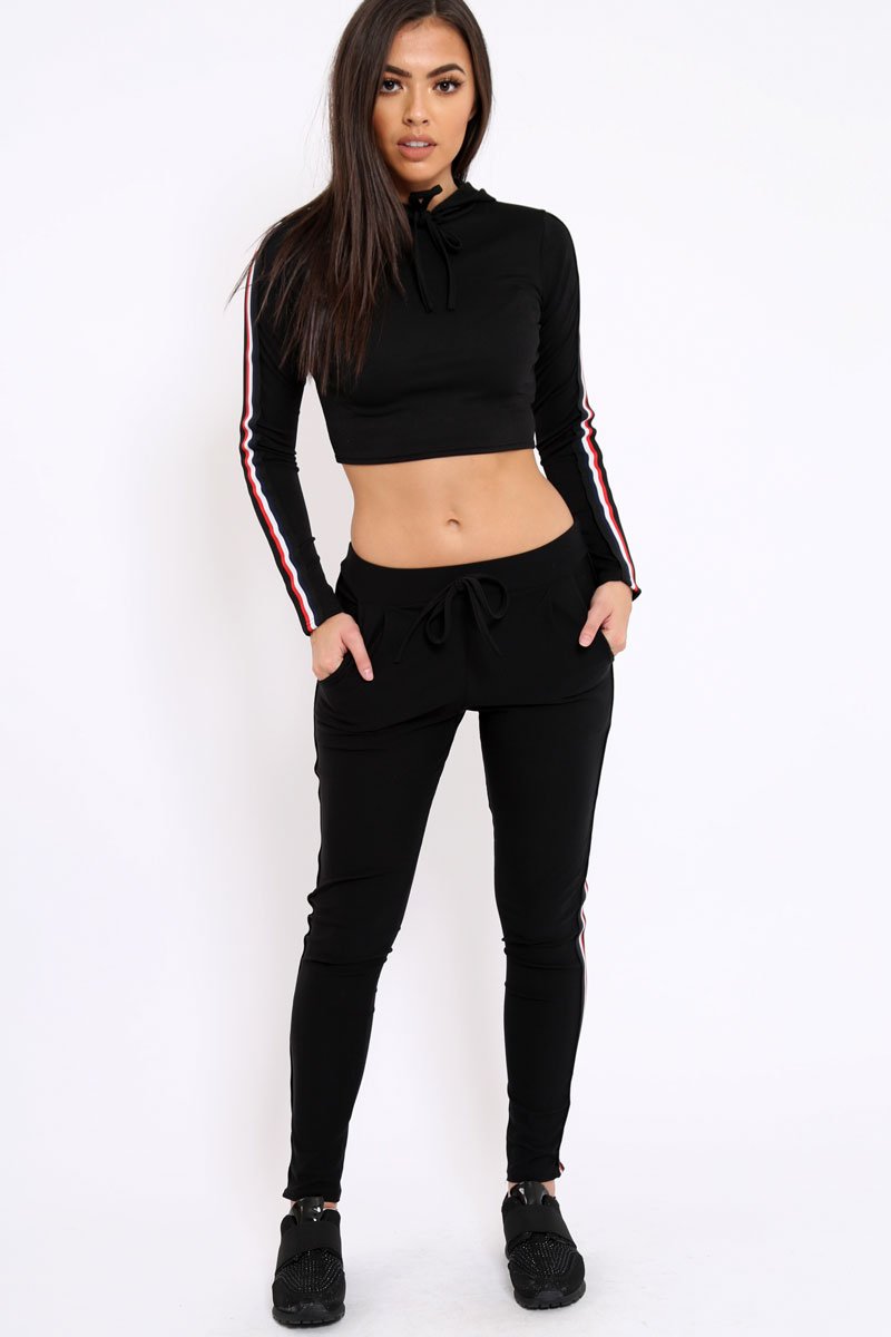 Black Tracksuit with Red White and Black Side Stripe - Kasey-Co-ords