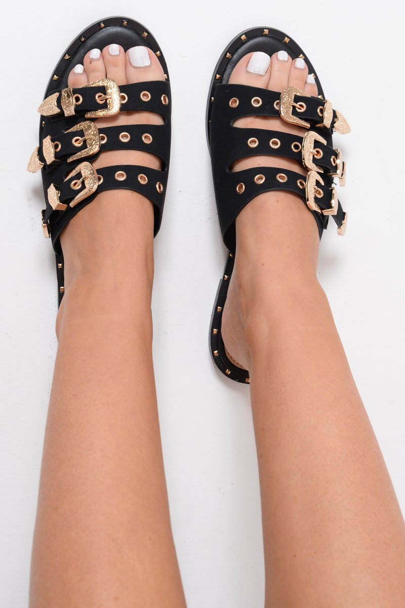 Black Tripe Buckle Western Sliders - Raeven-Sliders