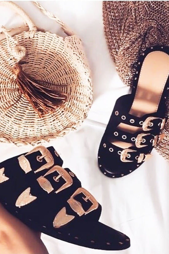 Black Tripe Buckle Western Sliders - Raeven