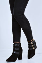 Black Triple Buckle Detail Ankle Boots - Ekaterina-Boots