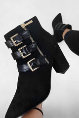 Black Triple Buckle Detail Ankle Boots - Ekaterina-Boots