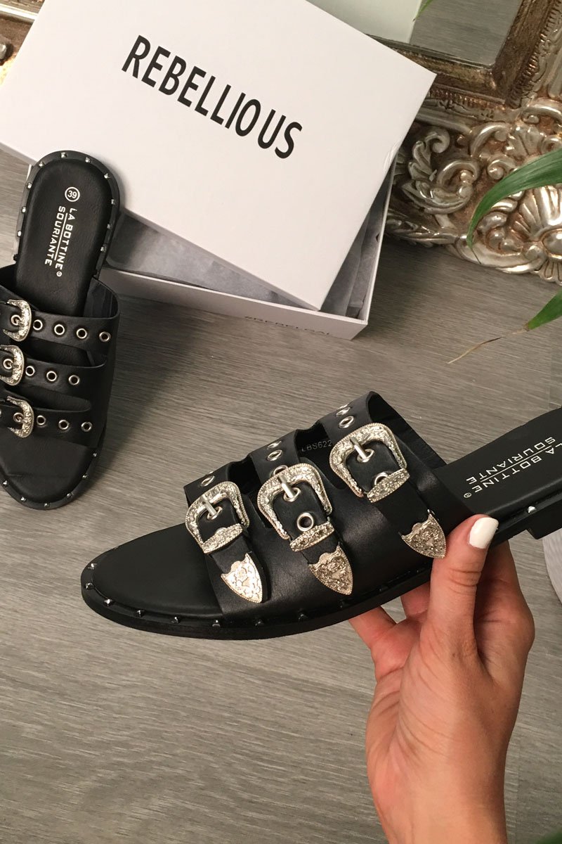 Black Triple Buckle Sandals - Winslow-Sliders