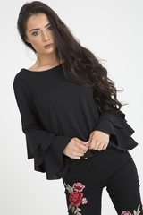 Black Triple Frill Sleeve Top - Clara-Tops