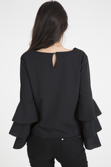 Black Triple Frill Sleeve Top - Clara-Tops